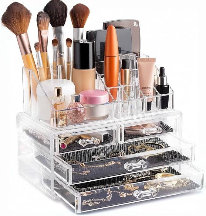 Masirs Clear Makeup Organizer - 16-Compartment Cosmetic and Jewelry Holder with 4 Drawers - Vanity Storage Box for Makeup, Skincare, Accessories, and Jewelry Display