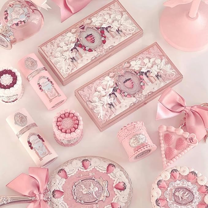 Flower Knows Strawberry Cupid 12 Pack Makeup Gift Box Set,Lip Cream×2+Liquid Blush×2+Makeup Palette×1+Hand Mirror×1+Solid Perfume×1+Hair Clip×1+Cushion Powder Puff×2+Eyeshadow Brush×1+Gift Box×1