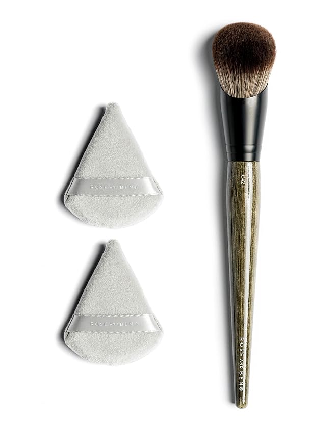 Rose and Ben Beauty C42 Foundation Brush & Setting Puff Bundle | Professional Makeup Tools for Flawless Liquid, Cream & Powder Application | Streak-Free Coverage & Precise Undereye Blending | Cruelty-