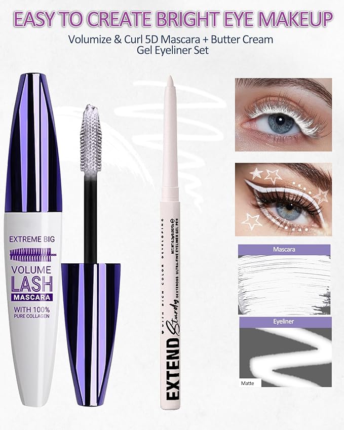White Mascara and Eyeliner Set, 5D Waterproof Mascara Volume and Length Natural Lengthening Curling, Smudge Proof White Eyeliner Pencil, Natural Eye Makeup Gift Kit for Women in Halloween Set-01