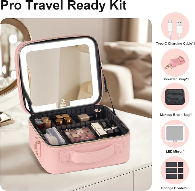 BEAUTY CASE Makeup Case with LED Light Mirror, 10 Inch Portable Travel Cosmetic Organizer Bag with Adjustable Dividers, Rechargeable, Large Capacity, Bright Lighting, Gift for Women Girls, Pink