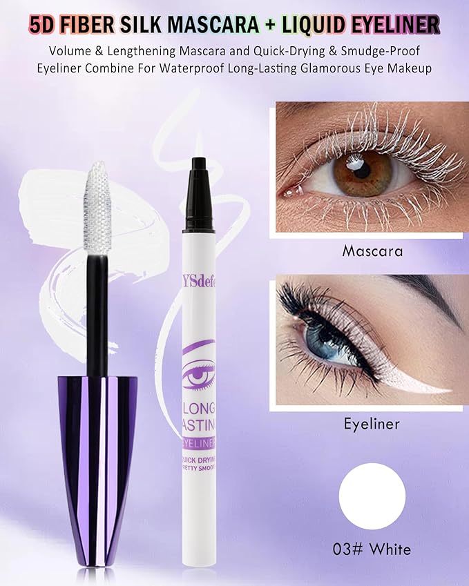 White Mascara Liquid Eyeliner Set,5D Waterproof Fiber Colored Mascara Volume and Length,Longlasting Smudgeproof Color Eye Liner Pen,Cosplay Party Stage Use,Halloween Makeup Gift Kit for Women Girl