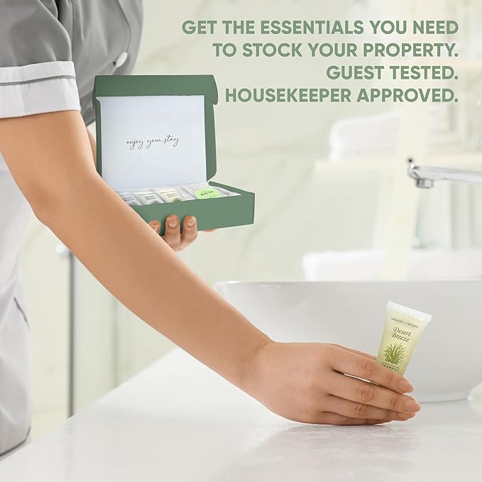 Desert Breeze Amenity & Accessory Kit | 1 oz Shampoo, Conditioner, Lotion, Body Wash, Body Bar, Cleansing Bar, Shave & Dental Sets, Make-Up Wipes, Vanity Kit | 15 Sets per Case