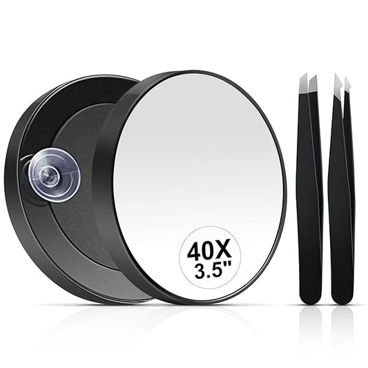 MIYADIVA 40X Magnifying Mirror, 3.5 Inch Round Compact Mirror with Suction Cup, Stainless Steel Tweezers, Perfect for Makeup, Eyebrows, Beards, Travel