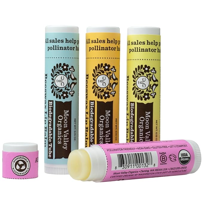 Moon Valley Organics Beeswax Lip Balm for Moisturizing Lips and Cuticles (Honey | Mint Vanilla | Vanilla | Blackberry, 4 Count (Pack of 1))
