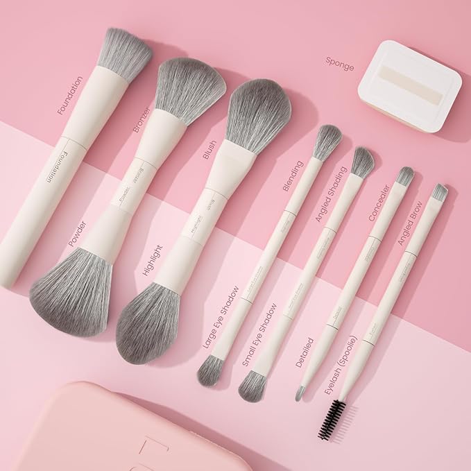 13-in-1 Dual-Ended Makeup Brush Set with Sponge & Travel Case – 7 Multi-Functional Brushes for Face & Eyes – Soft Bristles, Wooden Handles – Available in Cream, Green, or Pink (Blush Pink)