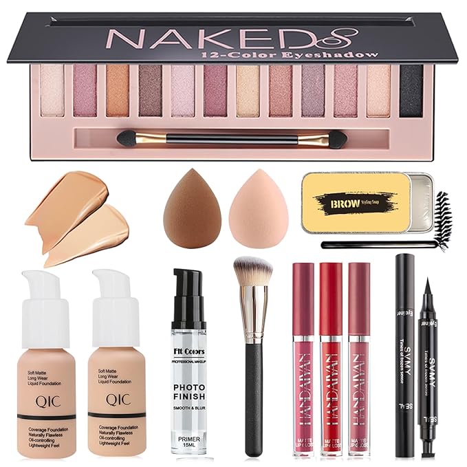 All In One Makeup Kit, Includes Naked Eyeshadow Palette, Nude & Beige Liquid Foundation, Face Primer, Lipstick Set, Eyebrow Soap Kit, Winged Eyeliner Stamp, Brush, Sponges