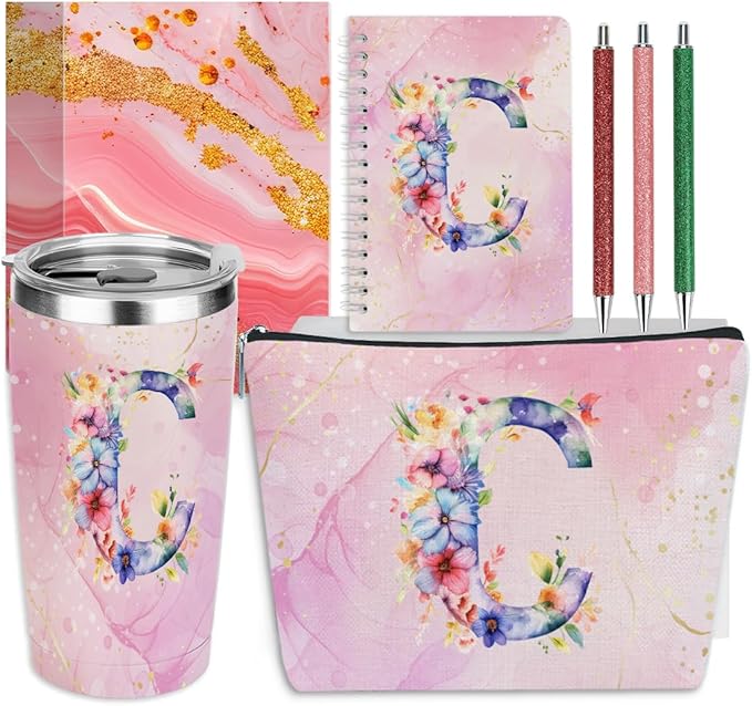 Personalized Gifts Monogrammed Birthday Gifts for Women, Cowerker Wife Sister Wedding Christmas Initial 20 oz Tumbler, Makeup Bag Cup Ballpoint Pens Journal Notebook 6 Set, (Aesthetic Pink Flower C)