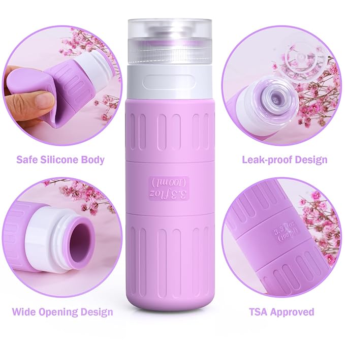 GLAMFIELDS Travel Bottles for Toiletries,TSA Approved 3.3oz Size LeakProof Silicone Toiletry Containers for Shampoo, Conditioner,Easy to Squeeze，Portable Travel Essentials for Lotion(18 Pack) Purple