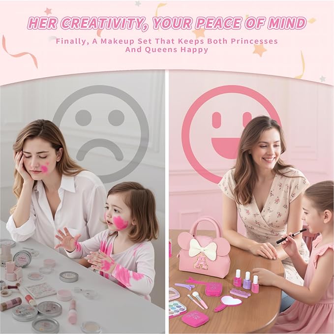 Kids Real Makeup Kit for Girls - 21Pcs Non-Toxic Washable Make Up Toys with Initial Toddler Purse - Personalized Birthday Gifts for Age 5 6 7 8 9 10 Years Old Girls Vanity Set - M