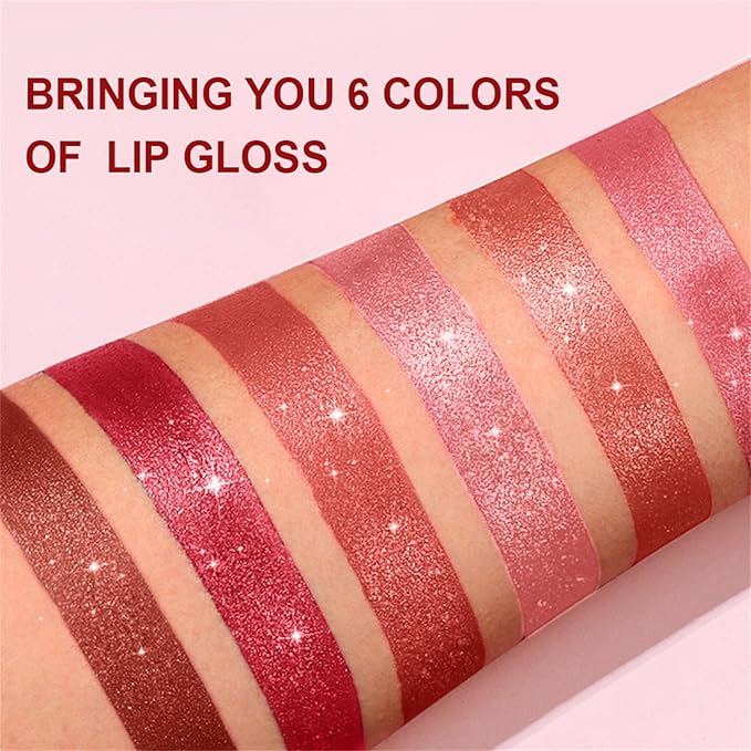 BONNIE CHOICE 6Pcs Glitter Lipstick Set, Red Rose Nude Pink Brown Glitter Shimmer Shine Lipstick Sets for Women Waterproof Long Lasting 24 Hours Lip Stick Makeup Gift Sets