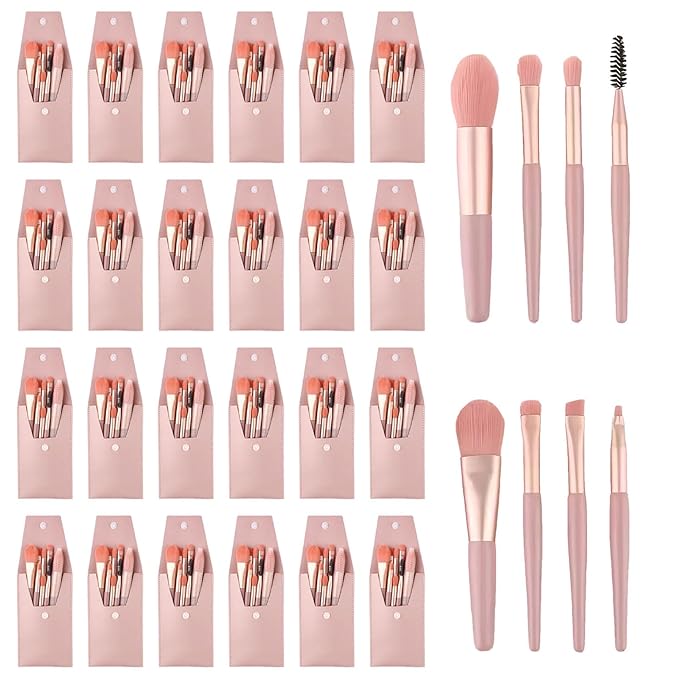 24 Sets Travel Makeup Brush Set Bridesmaid Gift Face Make Up Brushes Angled Blush Brush Foundation Brush with Travel Makeup Bag for Wedding Bridal Gift (Pink)