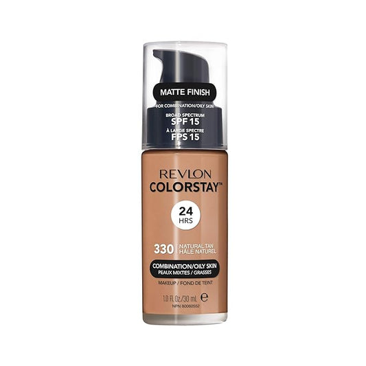 Revlon Liquid Foundation, ColorStay Face Makeup for Combination & Oily Skin, SPF 15, Longwear Longwear Medium-Full Coverage with Matte Finish, Natural Tan (330), 1 fl oz
