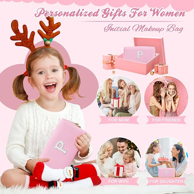 ChaoGreat Bride Gifts – Personalized Initial Makeup Bag with Pearl Rhinestone Patch, Preppy Pink Monogram Cosmetic/Toiletry Pouch, bridesmaid Gifts, Bridal Shower Gifts, Wedding Gifts, Bridal Gifts,P