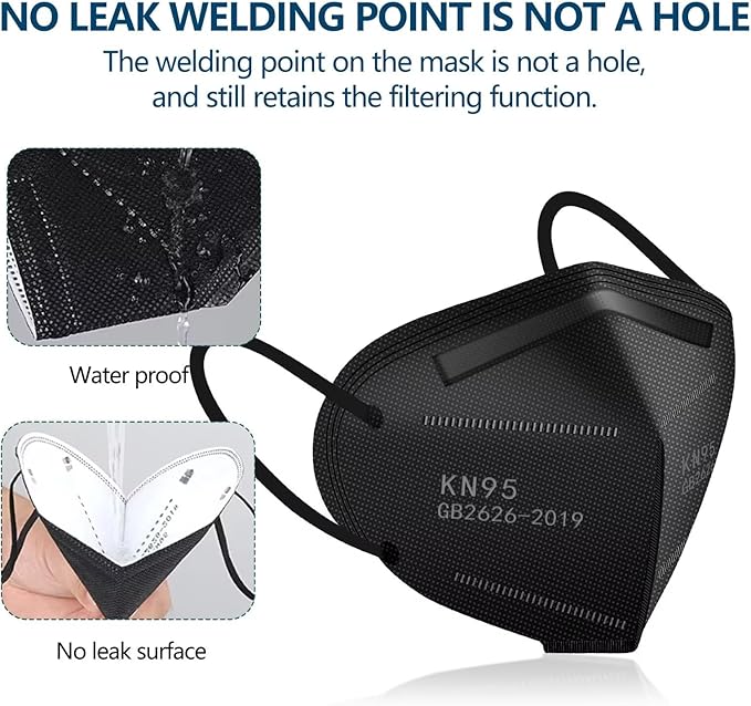 50PCS KN95 Face Masks Black 5 Layer Cup Dust Safety Filter Efficiency≥95% with Elastic Ear Loops and Nose Bridge Clip Breathable Mask