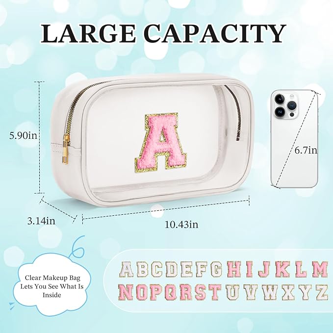 YOOLIFE Initial Make Up Bag Travel Toiletry Bag, Clear Makeup Bag Preppy Cosmetic Bag Clear Makeup Bags With Zipper Girlfriend Teacher 8 Year Old Girl Gifts Daughter Gifts Swim Gifts For Girls White T