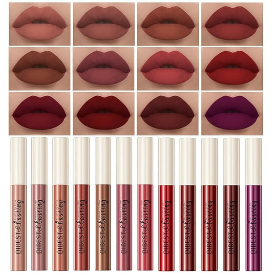 12Pcs Nude Matte Liquid Lipstick Set, Waterproof Long Lasting Non-Stick Cup Nude Brown Dark Red Purple Lipstick 24 Hour Not Fade Matte Lipstick Professional Lip Gloss Makeup Gifts for Women (Set A)