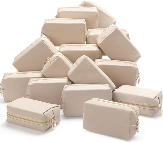 Kigeli 15 Pcs Aesthetic Makeup Bags PU Leather Cosmetic Pouches Waterproof Plain Toiletry Bags Makeup Pouches Bulk for Women Party Gift Travel Storage Organizer (Nude Color)