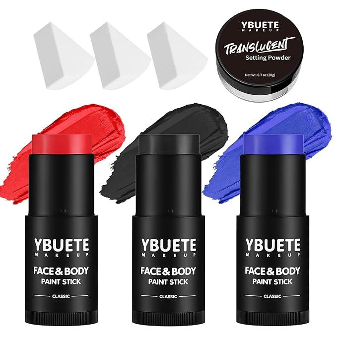 Red Black Blue Face Body Paint Stick Set with Translucent Setting Powder and Sponges, Professional Full Coverage Face Painting for Adults Halloween Cosplay SFX Joker Skull Monster Makeup