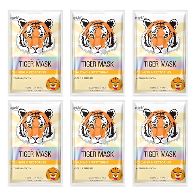Epielle Animal Character Sheet Masks Tiger 6 Pack, Calming & Restoring Face Mask Skincare Set with Citrus & Green Tea, Girls Spa Party Favors, Sleepover, Self Care Gifts for Women, Korean Skin Care