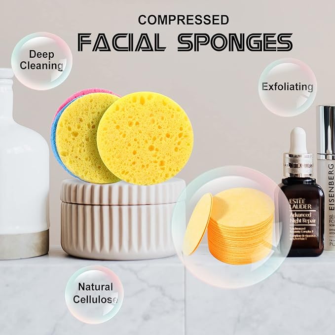 METUUTER 50 PCS Compressed Facial Sponges for Estheticians- 100% Natural Cellulose Face Sponge Professional Cosmetic Spa Sponges for Face Cleansing, Massage, Pore Exfoliating, Mask, Makeup Removal