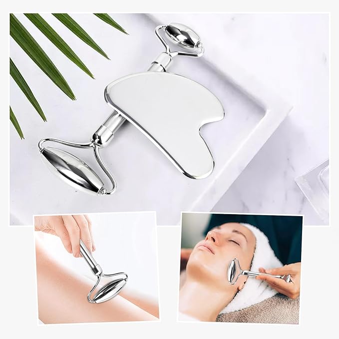 ONLYSKY BEAUTY Face Roller Gua-Sha Set Facial Roller kit for Face Skincare, Stainless-Steel Stone Sculpting Tool, Massager Roller for Skin Care,Gift for Men and Women