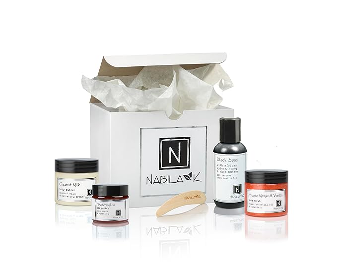 Nabila K Uzuri Hydration Gift Set – Includes Organic Mango Vanilla Body Scrub, Black Soap, Coconut Milk Body Butter & Watermelon Lip Polish – Luxury Bath Kit for Women & Men – Ready-to-Gift Spa Box