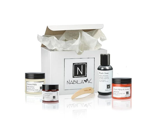 Nabila K Uzuri Hydration Gift Set – Includes Organic Mango Vanilla Body Scrub, Black Soap, Coconut Milk Body Butter & Watermelon Lip Polish – Luxury Bath Kit for Women & Men – Ready-to-Gift Spa Box