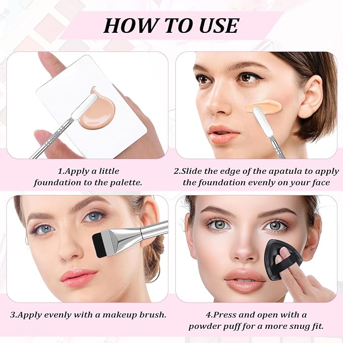 4Pcs Makeup Foundation Mixing Palette Set, Including Spatula Makeup Brush, Palette Tray, Powder Puff Make Up Accessories for Women Girl Make Up Cosmetic Spatula Tool