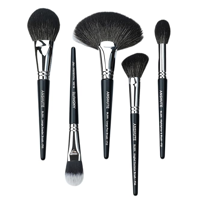 5-Piece Professional Natural Goat Hair Makeup Brush Set – Face Brushes for Powder, Blush, Contour, Highlighting & Foundation. Super Soft Bristles, Variety of Brushes. Labled Brush Handle