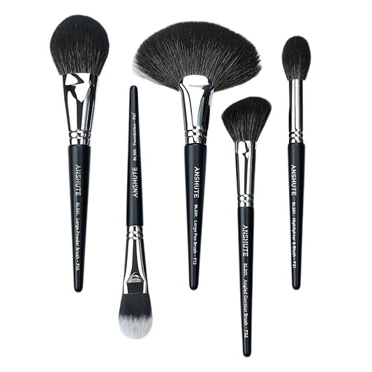 5-Piece Professional Natural Goat Hair Makeup Brush Set – Face Brushes for Powder, Blush, Contour, Highlighting & Foundation. Super Soft Bristles, Variety of Brushes. Labled Brush Handle