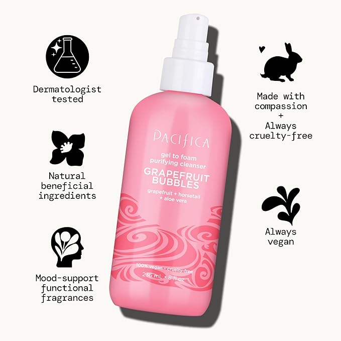 Pacifica Grapefruit Bubbles Gel-to-Foam Cleanser - Gentle Face Wash for Oily & Combination Skin, Helps Remove Excess Oil & Impurities, Helps Brighten, Vegan & Cruelty-Free Formula Dermatologist Tested