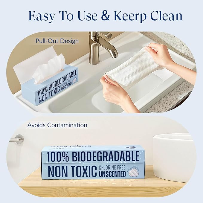 XL Disposable Face Towels, Ultra Soft Makeup Remover Dry Wipes, 100% Biodegradable, Non-Toxic, Facial Towelettes for Washing Face, Thick Towelettes for Sensitive Skin, Unscented, 60 Count