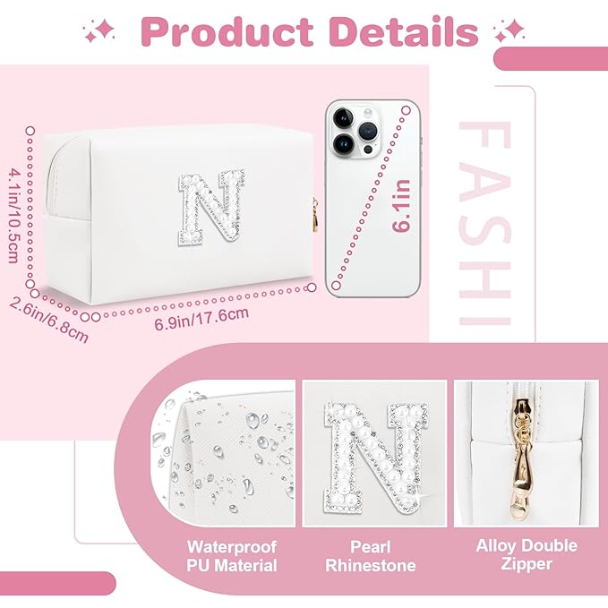 Bride Gifts – Personalized Initial Makeup Bag with Pearl Rhinestone Patch, Preppy White Monogram Cosmetic/Toiletry Pouch, bridesmaid Gifts, Bridal Shower Gifts, Wedding Gifts, Bridal Gifts,N