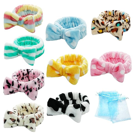 TDHDIKE Spa Headband Bow Facial Makeup Headband(9 Pcs),Soft Headband for Shower Washing Face, Extra Add 5 Gift Bags, Nice Gifts for Women Girls.
