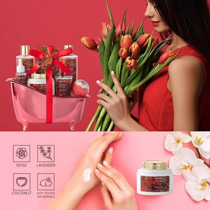 spa kit Gifts for Her Mother's Day Bath Spa Gift Set Red Rose & Tulip Spa Basket Kits for Women, Contains Body Oil, Body Lotion, Salt, self care baskets for women gift Mother's Day Gift for Mom