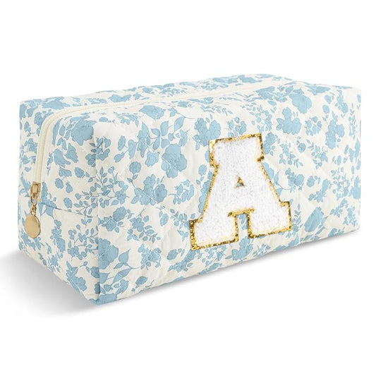 Personalized Quilted Cosmetic Bag, Puffy Monogrammed Christmas Birthday Gifts for Women & Girls, Cute initial Floral Makeup Bag Puffer Coquette Bag, Aesthetic Travel Toiletry Zipper Pouch(Blue,A)