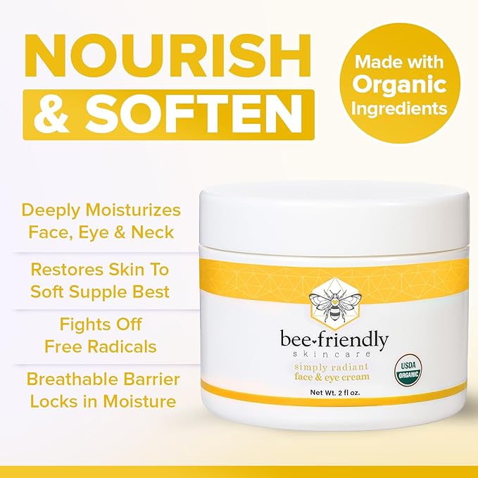BeeFriendly Organic Face and Eye Cream, USDA Certified Organic Facial Moisturizer, All In One Natural Face, Eye, Neck, Decollete Cream Reduces Wrinkles & Lines, 2 oz