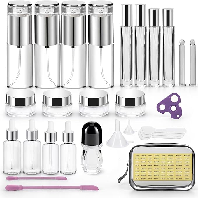 34 Piece Glass Travel Bottles for Toiletries TSA Approved Mini Makeup Containers with Toiletry Bag Refillable BPA Free Skincare Container Leak Proof for Serums, Moisturizers, Toners, Cream