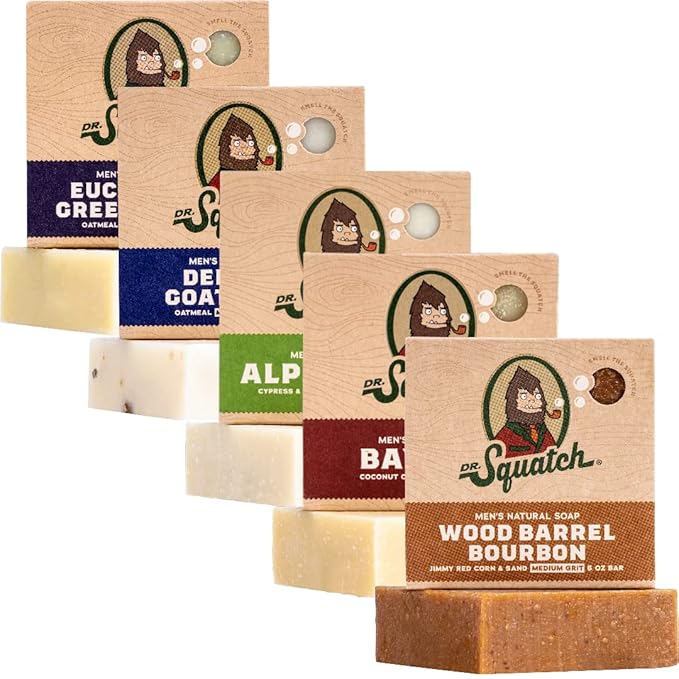 Dr. Squatch Natural Bar Soap for Men - Cold Process Soap with No Harsh Chemicals - Alpine Sage, Bay Rum, Bourbon, Eucalyptus & Goat's Milk (5 oz, 5-Pack)