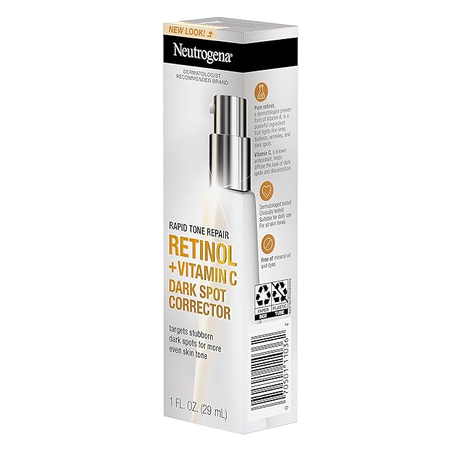 Neutrogena Rapid Tone Repair Retinol + Vitamin C Dark Spot Corrector Face Serum, Daily Anti-Wrinkle Dark Spot Corrector to Brighten & Even Tone, Mineral-Oil & Dye-Free, White, 1 oz
