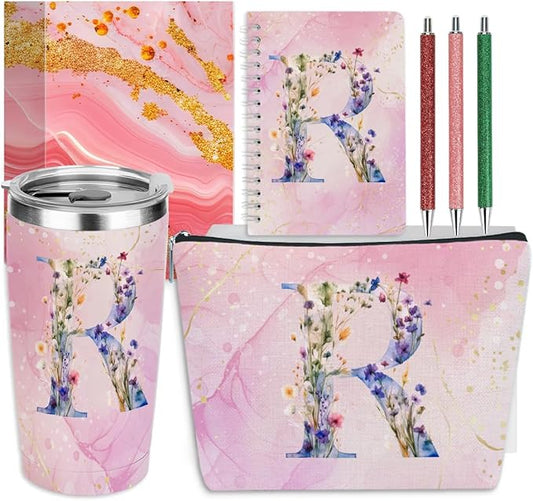 Personalized Gifts Monogrammed Birthday Gifts for Women, New Mom, Grandma Thank You Christmas, Initial 20 oz Tumbler, Makeup Cosmetic Bag Cup Pens Journal Notebook 6 Set, (Aesthetic Pink Flower R)