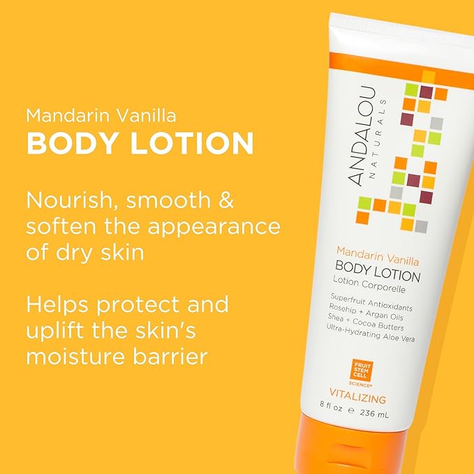 Andalou Naturals Vitalizing Body Lotion Mandarin Vanilla - Hydrating Daily Moisturizer to Nourish Dry Skin - With Shea Butter, Cocoa Butter, Rose Hip Oil, Argan Oil, & Aloe Vera - 8 fl oz