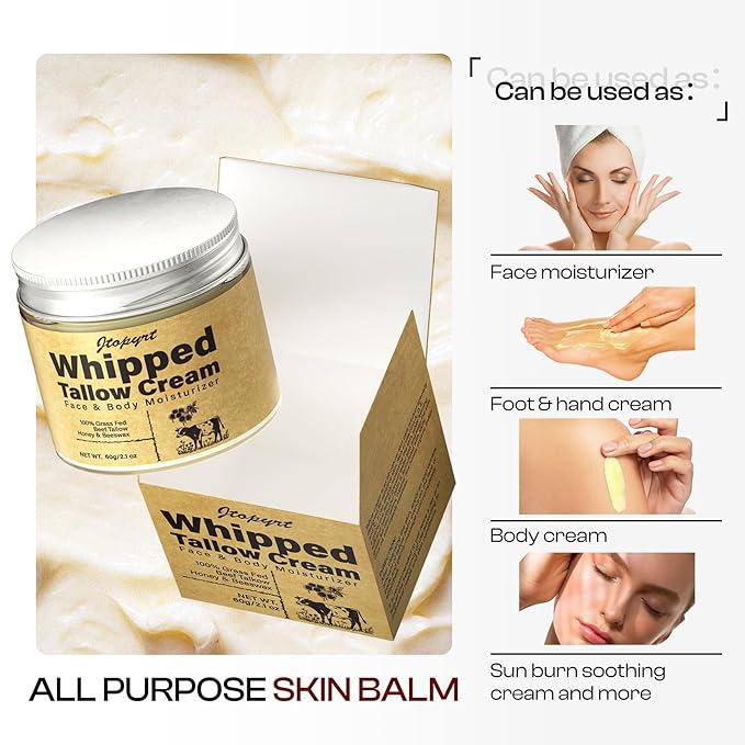 Beef Tallow for Skin: Organic Grass-Fed Tallow and Honey Balm Whipped Beef Tallow Skin Balm - Deep Nourishing Tallow Face Moisturizer for All Skin Types