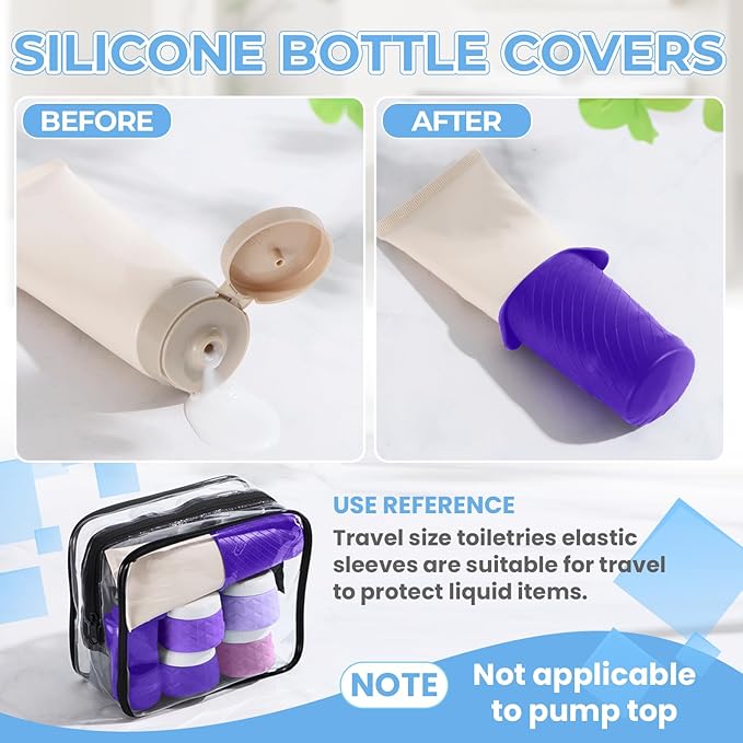 16Pack Travel Bottles for Toiletries, TSA Approved Travel Size Toiletries Containers Set, Silicone Leak Proof Refillable Bottles Elastic Sleeves Creams Jars Accessories Kit W/Clear Bag (Purple)
