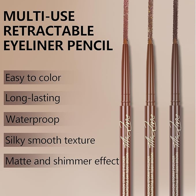 Noerrors 3Colors Brown Retractable Gel Eyeliner Set, Waterproof Silky Smooth Easy to Color Creamy Matte Eyeliner Pencil for Women, Long Wear Smudge Proof Eye Makeup Pen for Mature Eye with Sharpener