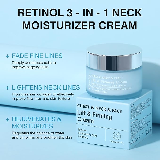 Retinol Neck Cream, Hyaluronic Acid and Caffeine Enriched Neck Firming Cream to Minimize Fine Lines & Dullness - 3-in-1 Moisturizing Cream for Neck, Chest and Face (50 ml/1.7 oz)