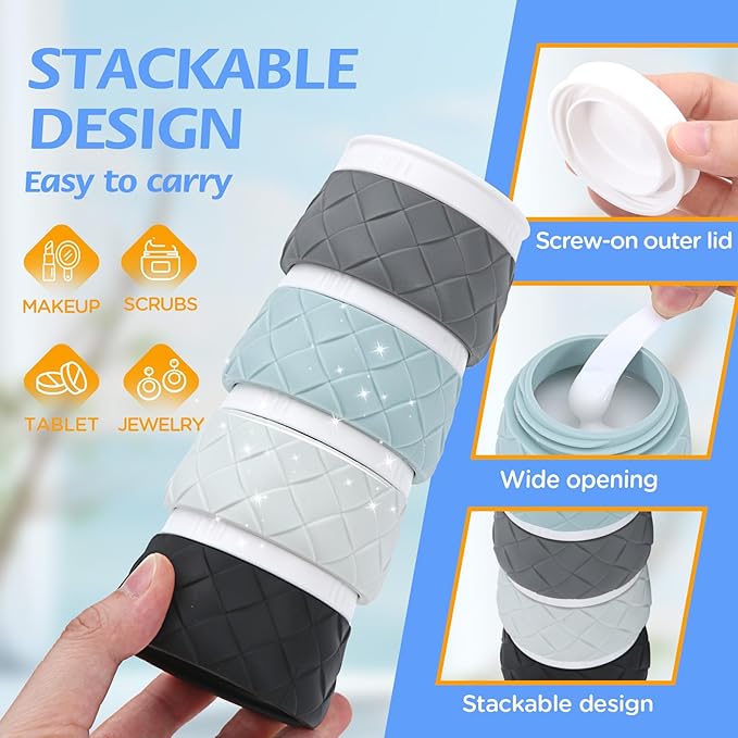 16 Pack Travel Bottles for Toiletries, TSA Approved Travel Size Toiletries Containers Set, BPA-Free Silicone Leak Proof Refillable Bottles Stackable Creams Jars Accessories Kit W/Clear Bag(Gray)