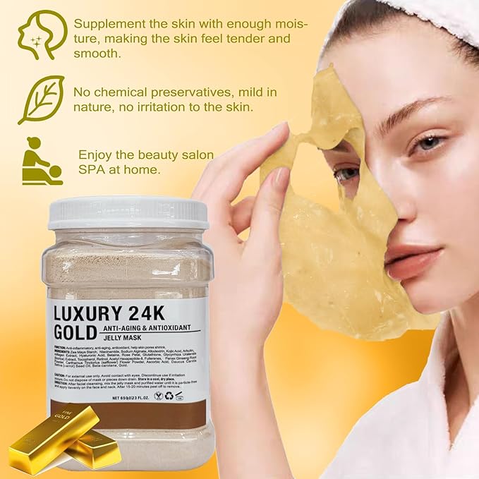 Jelly Mask for Facials Professional Natural Gel Face Masks, Hyaluronic acid Hydrating Rubber Mask Jar Face Mask SkinCare 23 Fl Oz (24K Gold)