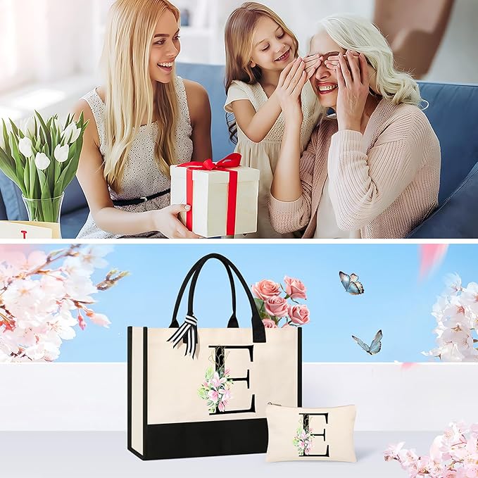 AYGE Personalized Initial Canvas Beach Tote, Monogrammed Gifts for Women, Makeup Bag, Birthday Gifts for Sister, Mom, Teacher, Bridesmaid